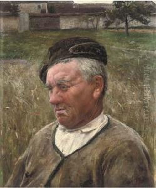 A Farmer In A Meadow Oil Painting by Jose Julio de Souza-Pinto