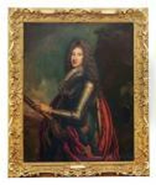Portrait Of An Officer, Possibly
 James Fitzjames, Duke Of Berwick , Three-quarter-length, In Armour With
 The Garter Ribbon, An Ermine Lined Cloak, A Sash Around His Waist, 
Holding Baton In His Right Hand, A Plumed Helmet On A Rock To His Right,
 In Oil Painting by Francois de Troy