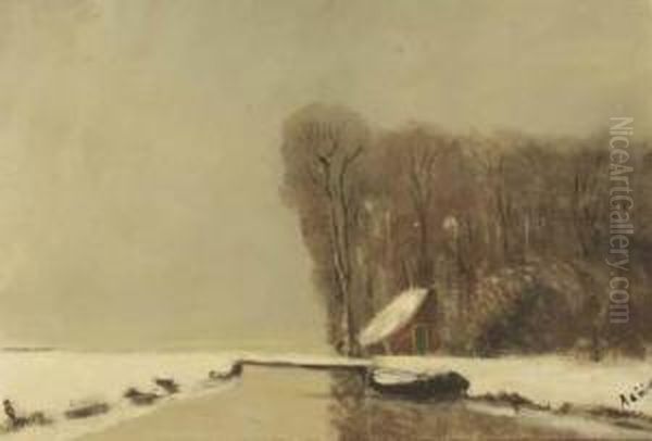 A Winter Landscape With A Farmhouse On The Brink Of The Woods Oil Painting by Adrianus Joh. Jac. De Winter