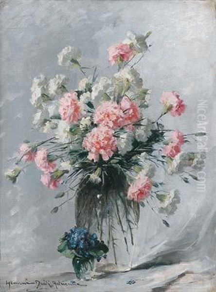 Carnations In A Vase And A Posy Of Violets Oil Painting by Adrienne Hermine Deak-Henczne