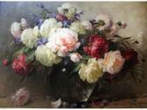 Summer Flowers In A Glass Bowl Oil Painting by Adrienne Hermine Deak-Henczne