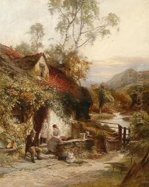 Figures By A Cottage In A Welsh Landscape Oil Painting by Henry Golden Dearth