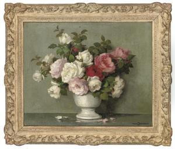 Pink And White Roses In A Vase Oil Painting by Maurice Decamps