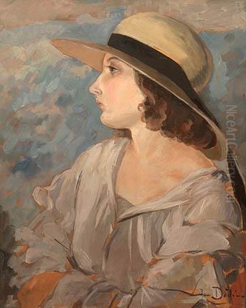 Girl With A Hat Oil Painting by Jan Dedina
