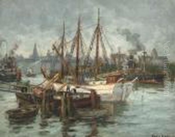 Unloading In Stettin Harbour Oil Painting by Eugene Dekkert