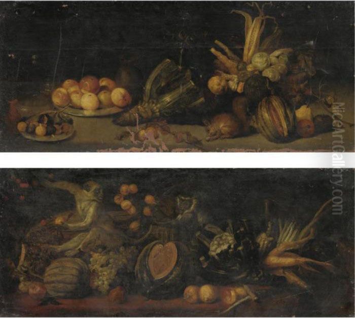 Natua Morta Di Frutta E Ortaggi 
Con Uno Scoiattolo; Natura Morta Di Ortaggi E Frutta Con Una Scimmietta Oil Painting by Simone Del Tintore
