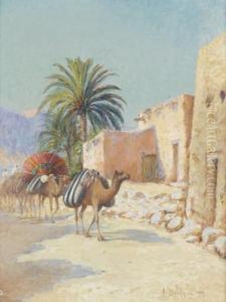 Karawane Am Oasenrand. Oil Painting by Alexis-Auguste Delahogue