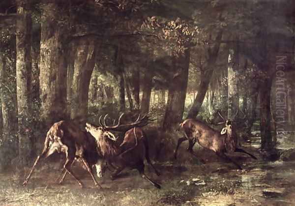 Spring, Stags Fighting, 1861 Oil Painting by Jean-Baptiste-Camille Corot