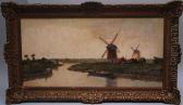 A Windmill On The Bank Of The River Oil Painting by Gerardus Johannes Delfgaauw