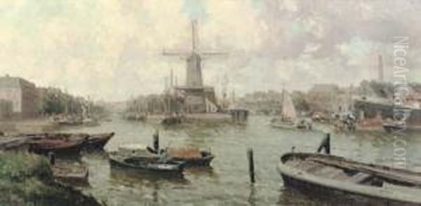 De Distileerketel Molen: A Busy Working Day In Delfshaven, Rotterdam Oil Painting by Gerardus Johannes Delfgaauw