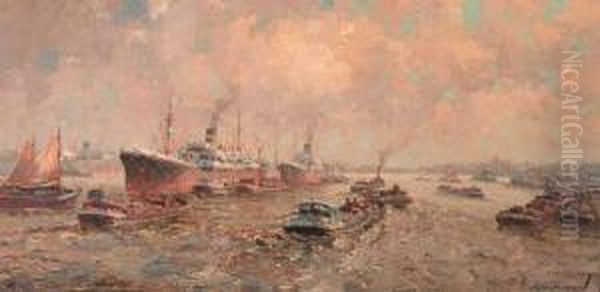 Cargo Ships Unloading Into Barges On The Nieuwe Maas,rotterdam Oil Painting by Gerardus Jacobus Delfgaauw
