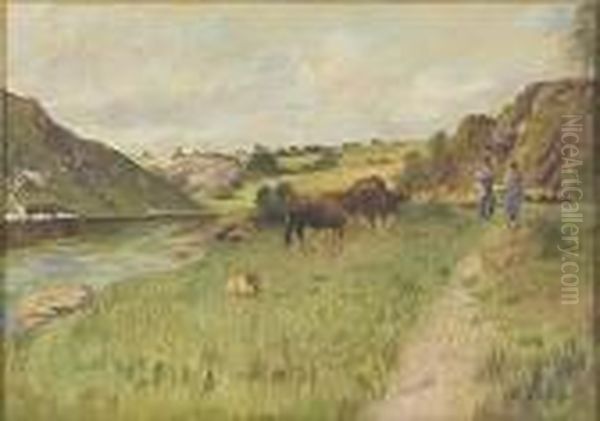 River Landscape With Figures Andcattle. Oil Painting by Leon Detroy