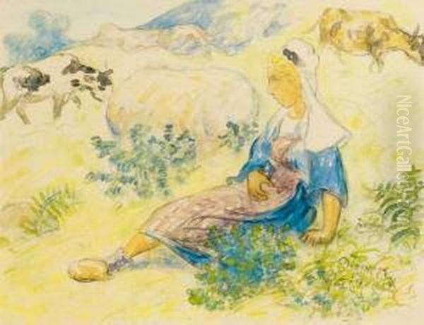 Bretonne Assise Gardant Les Vaches, Vers 1894 Oil Painting by Emile Alfred Dezaunay