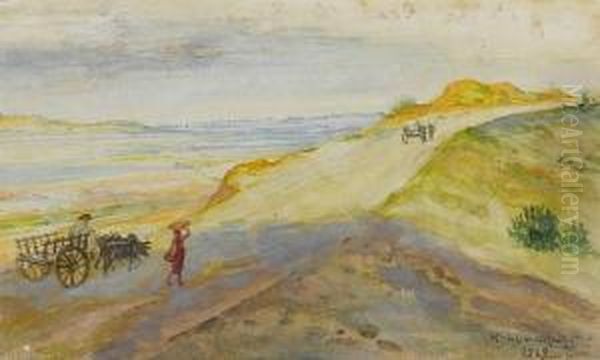 Three Deccan Views: An Extensive
 Landscape With A Waggon; A Narrowstreet In Pandharpur; And Walwan Lake Oil Painting by Mahadev Vishvanath Dhurandhar