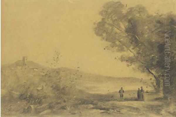 A landscape with a hilltown in the background, three figures to the right Oil Painting by Jean-Baptiste-Camille Corot