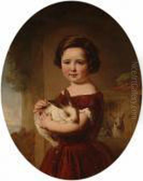 Portrait Of A Young Boy Holding A Pet Rabbit. Oil Painting by Dicksie Frank