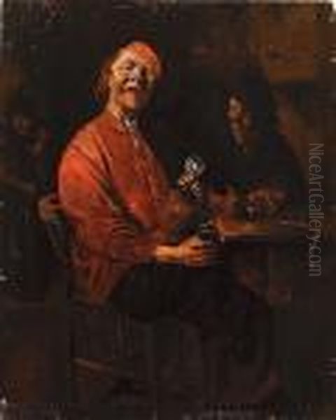 Two Peasants Drinking And 
Smoking At A Table In A Tavern, Another Figure With A Staff In The 
Background Oil Painting by Abraham Diepraam