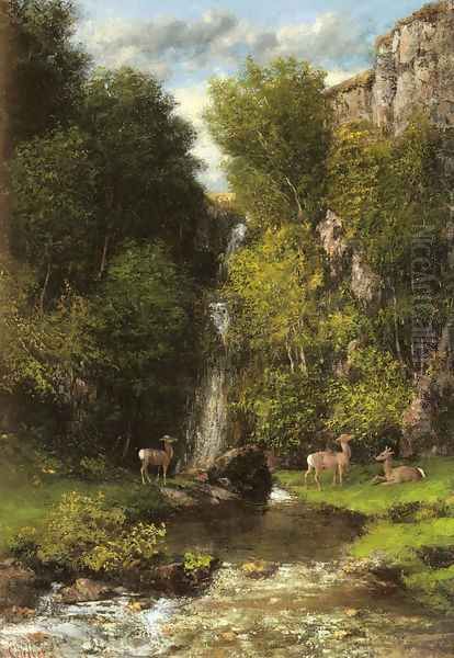 A Family of Deer in a Landscape with a Waterfall Oil Painting by Gustave Courbet