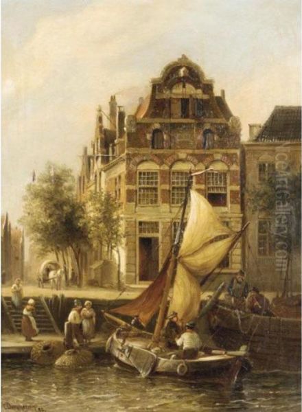 Old Houses, Rotterdam Oil Painting by Cornelis Christiaan Dommersen