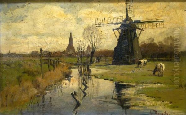 Hollandische Landschaft Mit Windmuhle Und Grasenden Kuhen Am Flusslauf Oil Painting by Louis, Carl Ludwig Douzette