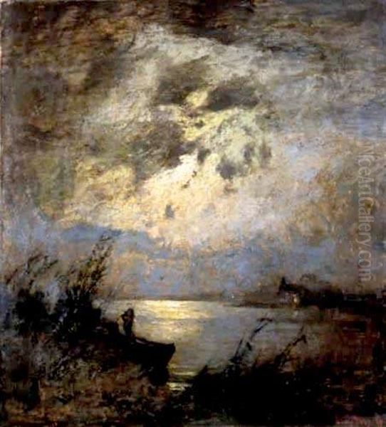 Nad Jeziorem W Noc Ksiezycowa, Przed 1900 Oil Painting by Louis, Carl Ludwig Douzette