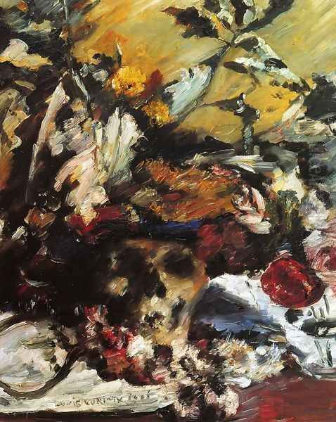 Still Life with Flowers, Skull and Oak Leaves Oil Painting by Lovis (Franz Heinrich Louis) Corinth