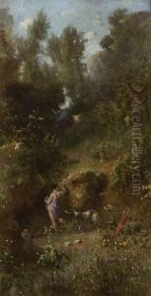 Waldtal Mit Badender
 Diana: Oil Painting by Heinrich Dreber