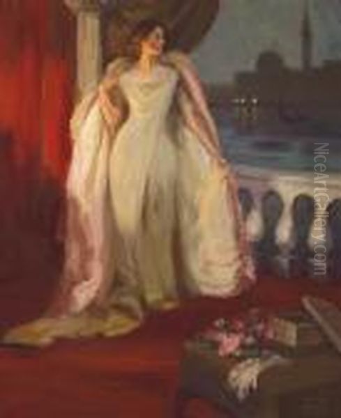 Elegant Woman On A Balcony, Venice Oil Painting by Harvey T. Dunn