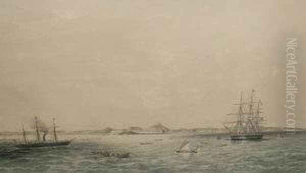 'view Of Cape Coast Castle And 
Town As Seen From The Anchorage, Including Manford Point East And The 
Regatta Tree, Salt-pond West, Nearly Miles In Extent', Publ Sept 13th 
1861 By Day & Sons Oil Painting by Thomas Goldsworth Dutton