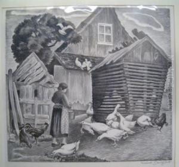 Farmyard Oil Painting by Mabel Dwight