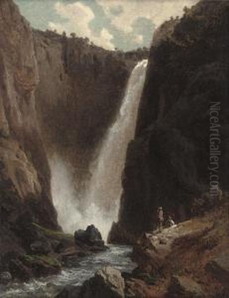 Hikers Before A Waterfall Oil Painting by Johan Frederick Eckersberg
