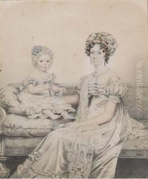 Portrait Of A Mother And Child, 
Said To Be Rebe Lowndes And Rebe Mary Lowndes, Seated On A Regency Sofa,
 The Child Holding A Rattle Oil Painting by Henry Edridge