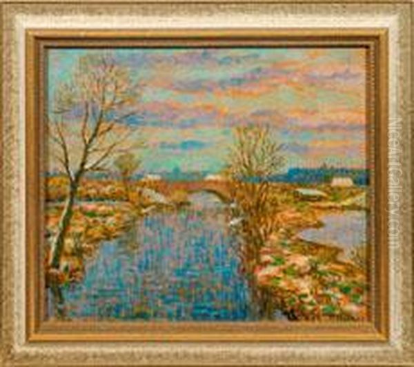 Alster Mit Brucke Im Winter Oil Painting by Ernst Wilhelm H. Eitner