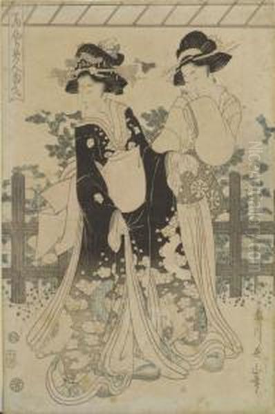 Zwei Frauen Im Garten. Oil Painting by Kikukawa Eizan