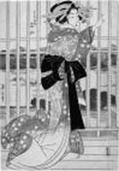 Oban
. Linkes Blatt Eines Triptychons. Die Kurtisane Meizan Aus Dem Haus 
Chojiya Steht Auf Einer Veranda Mit Einem Hohen Holzgitter. Im 
Hintergrund Der Flus Sumida. Bez.: Eizan Hitsu. Verlag: Izumiya Ichibei.
 1813.
 Cf. Eiko Kondo, Il Mondo Di Eiz Oil Painting by Kikukawa Eizan