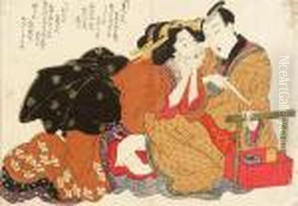 Set Of Ten Erotic Prints, 
Unsigned--good Impressions, Very Goodcolor, Some Slightly Stained Or 
Soiled Near Corners, Some With Afew Minor Worm Holes Restored, Vertical 
Center Fold Oil Painting by Kikukawa Eizan