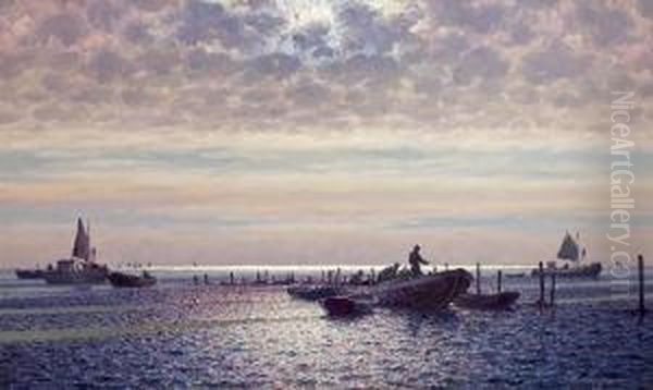 Fishermen By The Pound Nets, Early Morning. Signed Emil Ekman Oil Painting by Emil Ekman