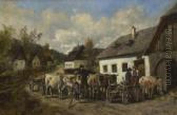 Begegnung Auf Der
 Dorfstrase. Oil Painting by Ignaz Ellminger