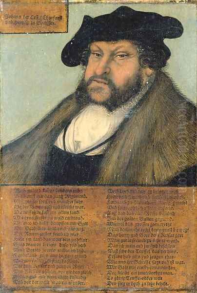 Portrait of John the Steadfast, Elector of Saxony (1468-1532), bust-length, in a white shirt, fur-lined coat, and black hat Oil Painting by Lucas The Elder Cranach