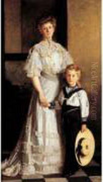 < Elegante Et Son Enfant En Habit De Marin >. Oil Painting by Denis Etcheverry
