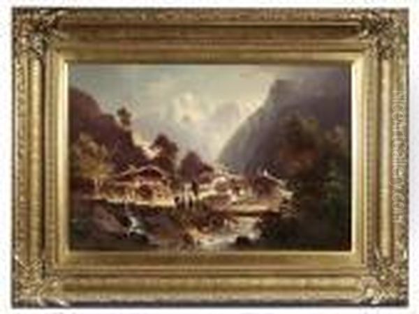 Mountainous Landscape With A 
Small Village At A Brook And Peasants Conversing. Oil/canvas, Signed, 
Verso On The Stretcher Old Label With Inscription And Numbering 