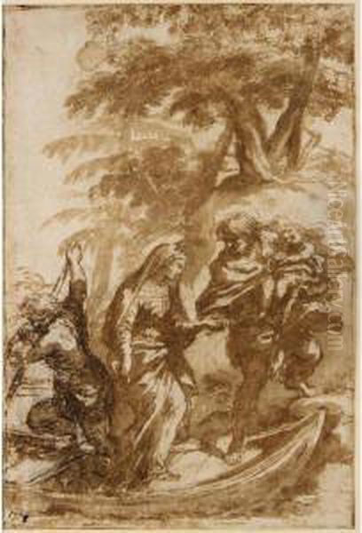The Holy Family Disembarking From A Boat Oil Painting by Ciro Ferri