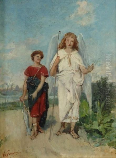 Tobiolo E L'angelo Oil Painting by Egisto Ferroni
