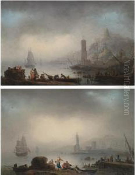View Of A Mediterranean Port 
With Figures On The Shore; A Rocky Coastal Landscape With A Lighthouse 
And Fishermen Unloading Their Catch Oil Painting by Francesco Fidanza