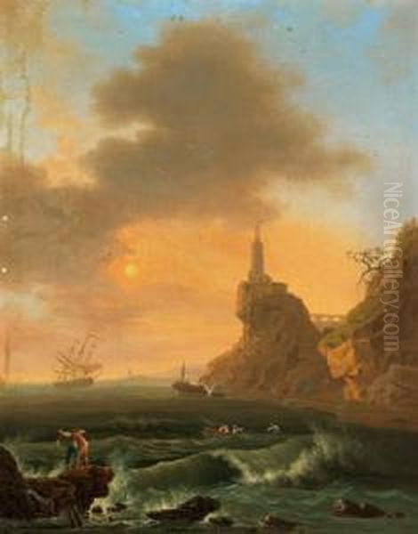 Costa Mediterranea Con Pescatori Sulla Riva Oil Painting by Francesco Fidanza