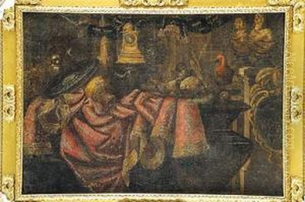 Bodegon: Objetos De Bronce Sobre Una Mesa Con Rico Pano De
 Brocado, Un Perro Y Un Loro Oil Painting by Francesco (Il Maltese) Fieravino