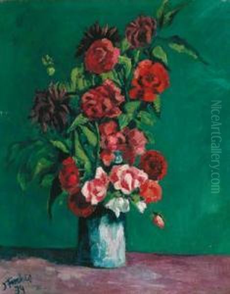 Blumenstraus Vor Grunem Hintergrund Oil Painting by Johannes Fischer