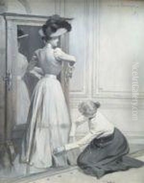 At Thedressmaker, Monochromatic Oil Painting by Francois Flameng