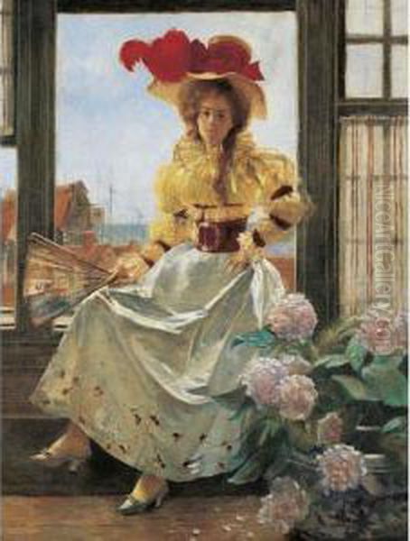 Portrait Of Mlle. F. Seated At A Window Holding A Fan, Deauville Oil Painting by Francois Flameng
