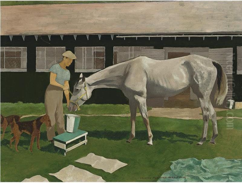 Adile (grey Mare At Belmont Park) Oil Painting by Vaughn Flannery